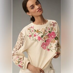 NWOT Anthropologie Cream Sweatshirt with Pink Floral Embroidery- Medium